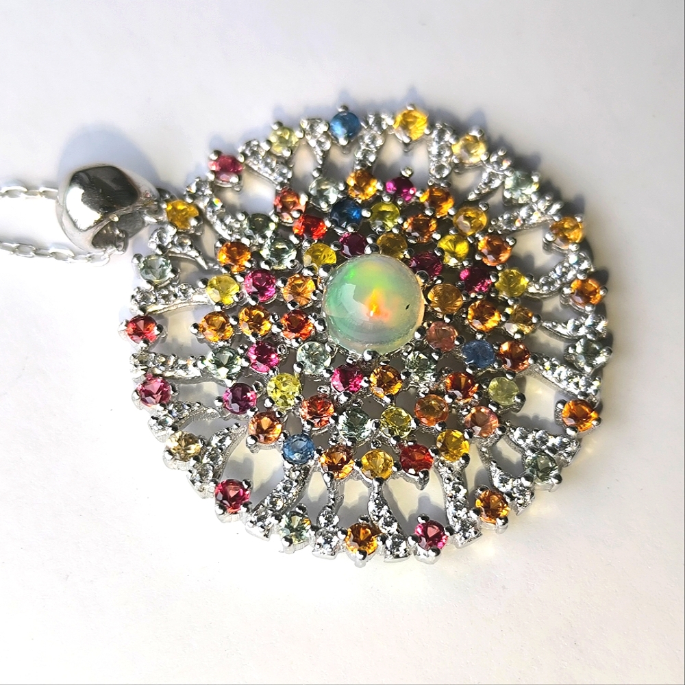 Mandala Sun Flower Pendant Natural Color Play Opal  In Sterling Silver Necklace